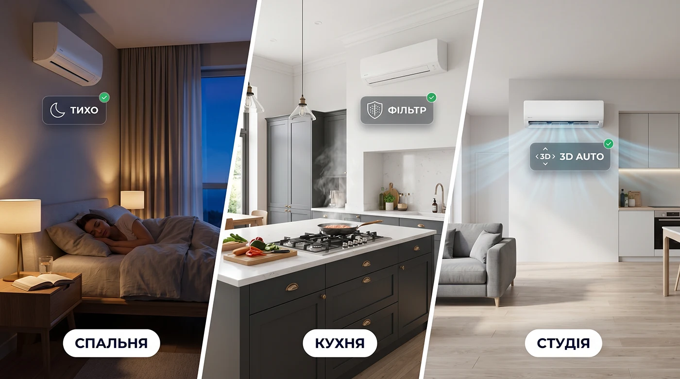 Вибір кондиціонера для різних кімнат квартири: тиха інверторна спліт-система для спальні, модель з якісним фільтром для кухні та кондиціонер з режимом 3D AUTO для студії